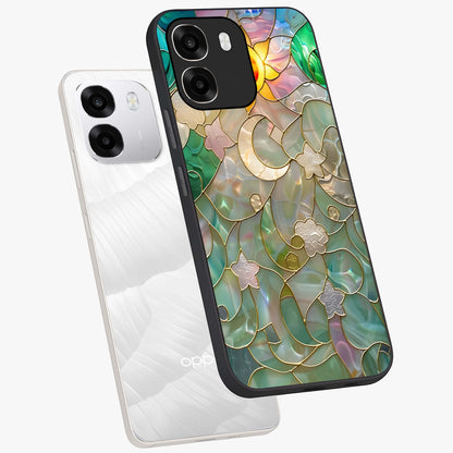 Stained Sunrise Glow Glass Case displayed in angled mockup highlighting radiant sunrise design with artistic aesthetic style.