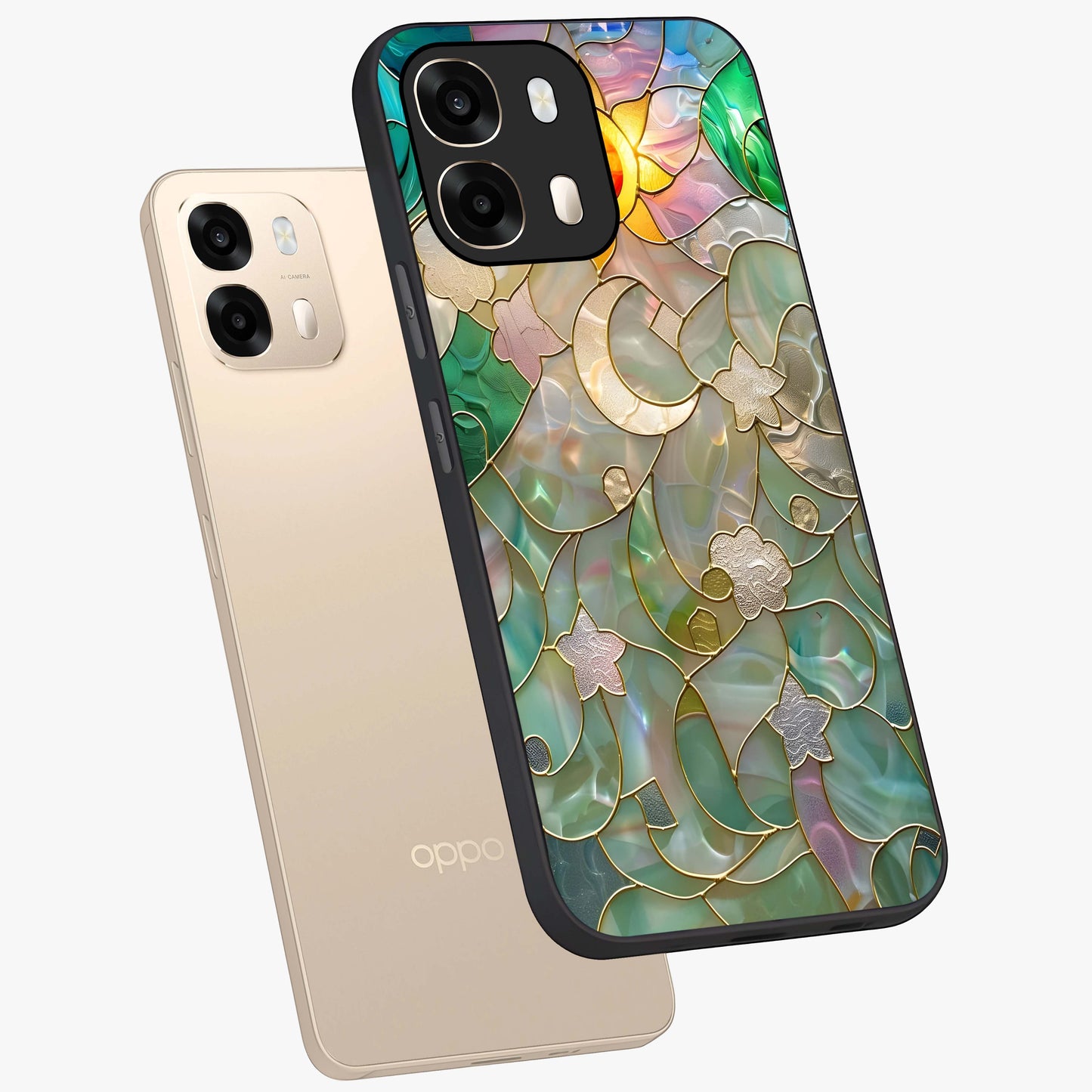 Stained Sunrise Glow Glass Case displayed in angled mockup highlighting radiant sunrise design with artistic aesthetic style.