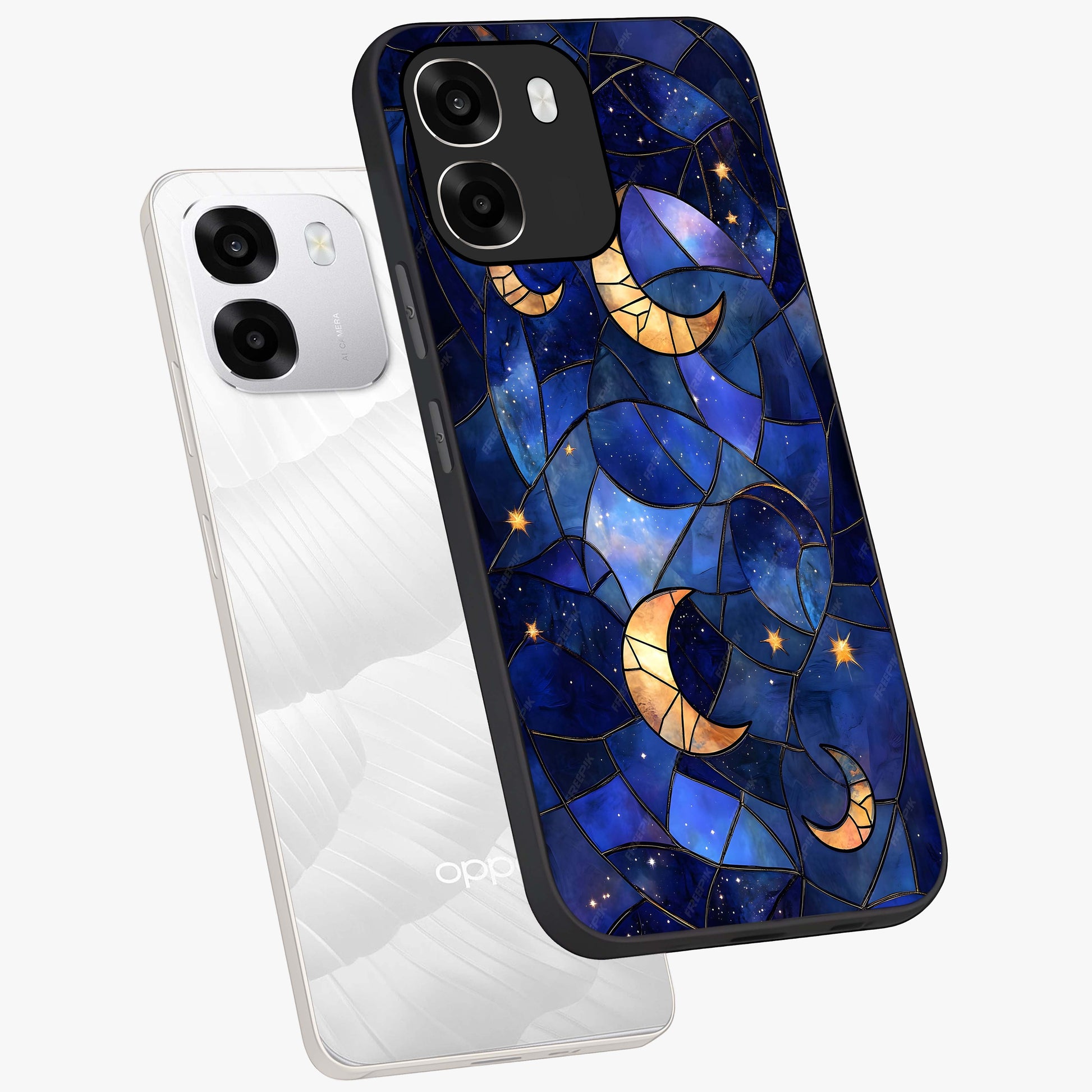 Starlit Sky Tapestry Glass Case displayed in angled mockup highlighting celestial night pattern with artistic aesthetic style.
