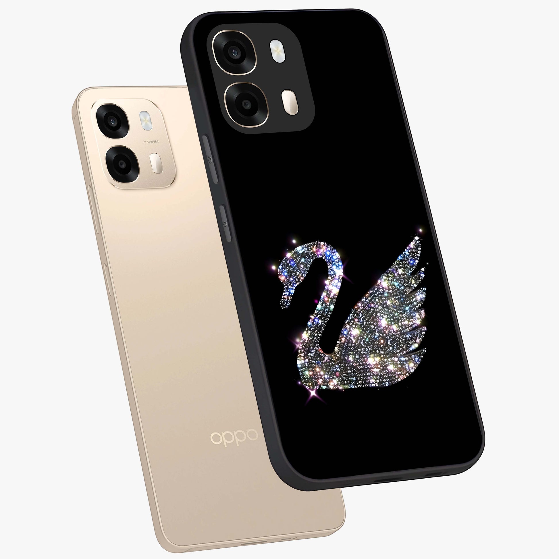 Starlit Swan Grace Glass Case displayed in angled mockup highlighting elegant swan illustration with dreamy celestial aesthetic.
