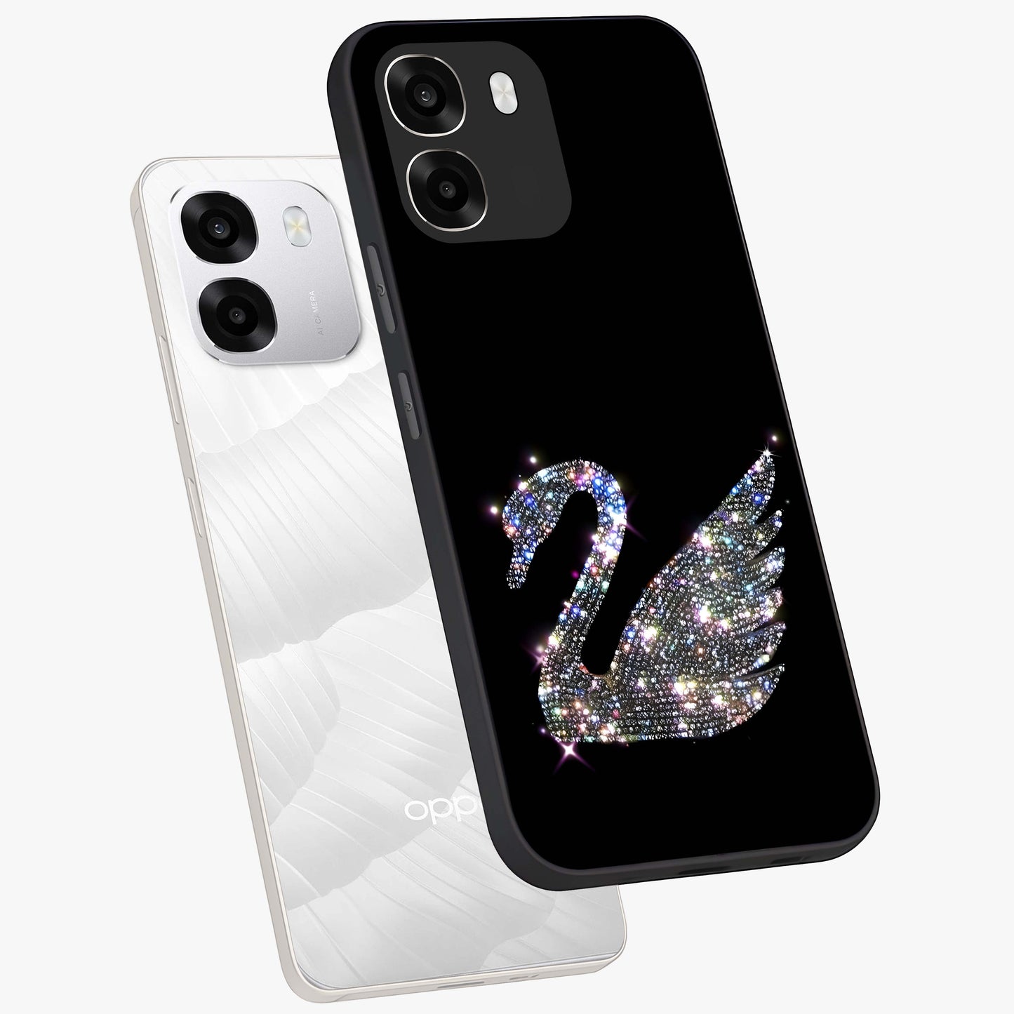 Starlit Swan Grace Glass Case displayed in angled mockup highlighting elegant swan illustration with dreamy celestial aesthetic.