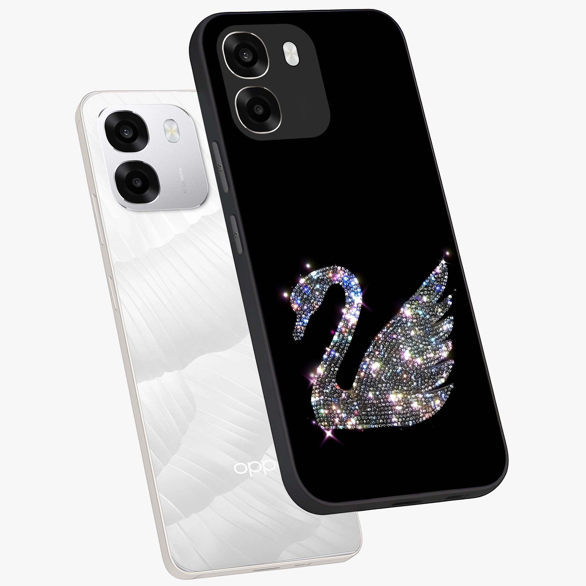Starlit Swan Grace Glass Case displayed in angled mockup highlighting elegant swan illustration with dreamy celestial aesthetic.