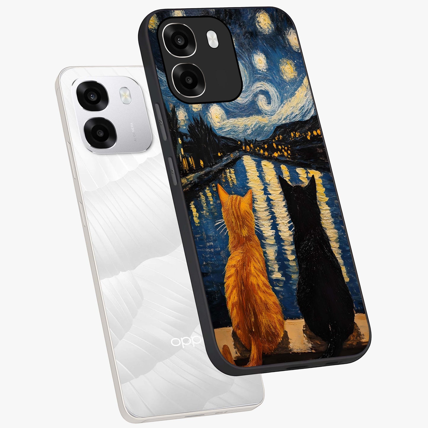 Starry River Cats Glass Case displayed in angled mockup highlighting charming feline illustration with dreamy night aesthetic.