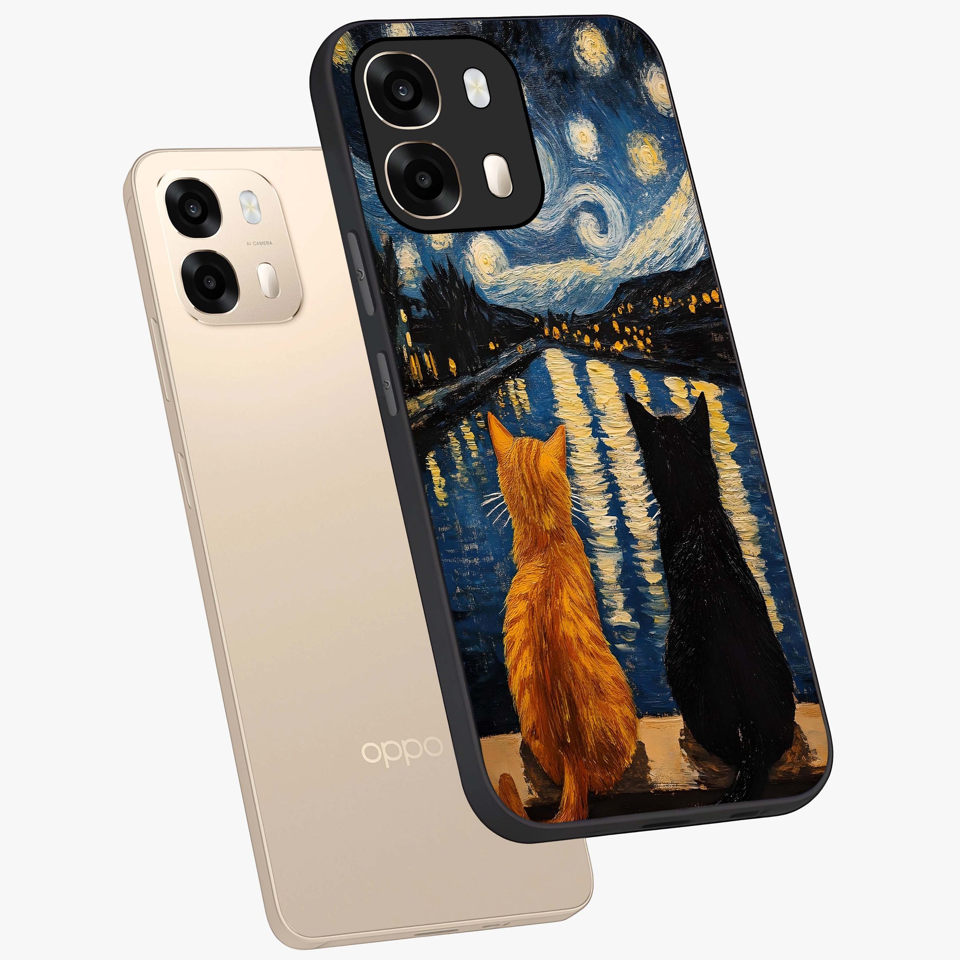 Starry River Cats Glass Case displayed in angled mockup highlighting charming feline illustration with dreamy night aesthetic.