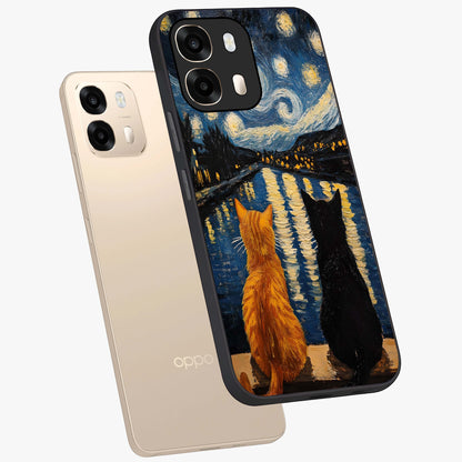 Starry River Cats Glass Case displayed in angled mockup highlighting charming feline illustration with dreamy night aesthetic.