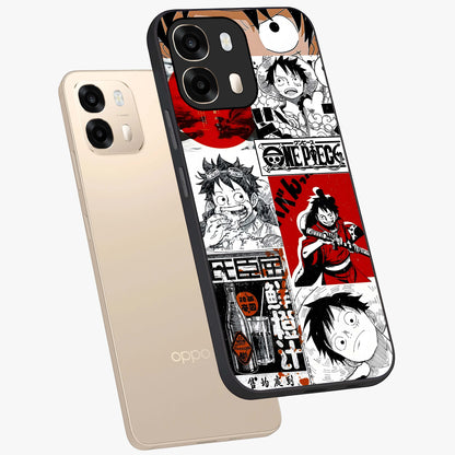Strawhat Chaos Panels Glass Case displayed in angled mockup highlighting vibrant anime collage design with action aesthetic.