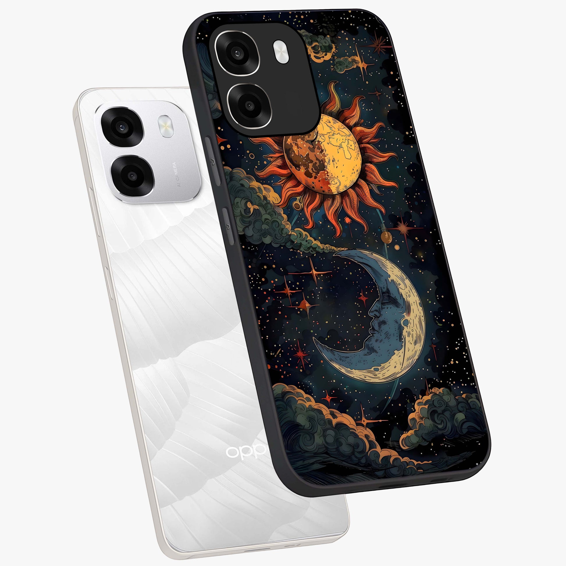 Sun And Moon Magic Design Glass Case displayed in angled mockup highlighting celestial design with magical cosmic aesthetic.