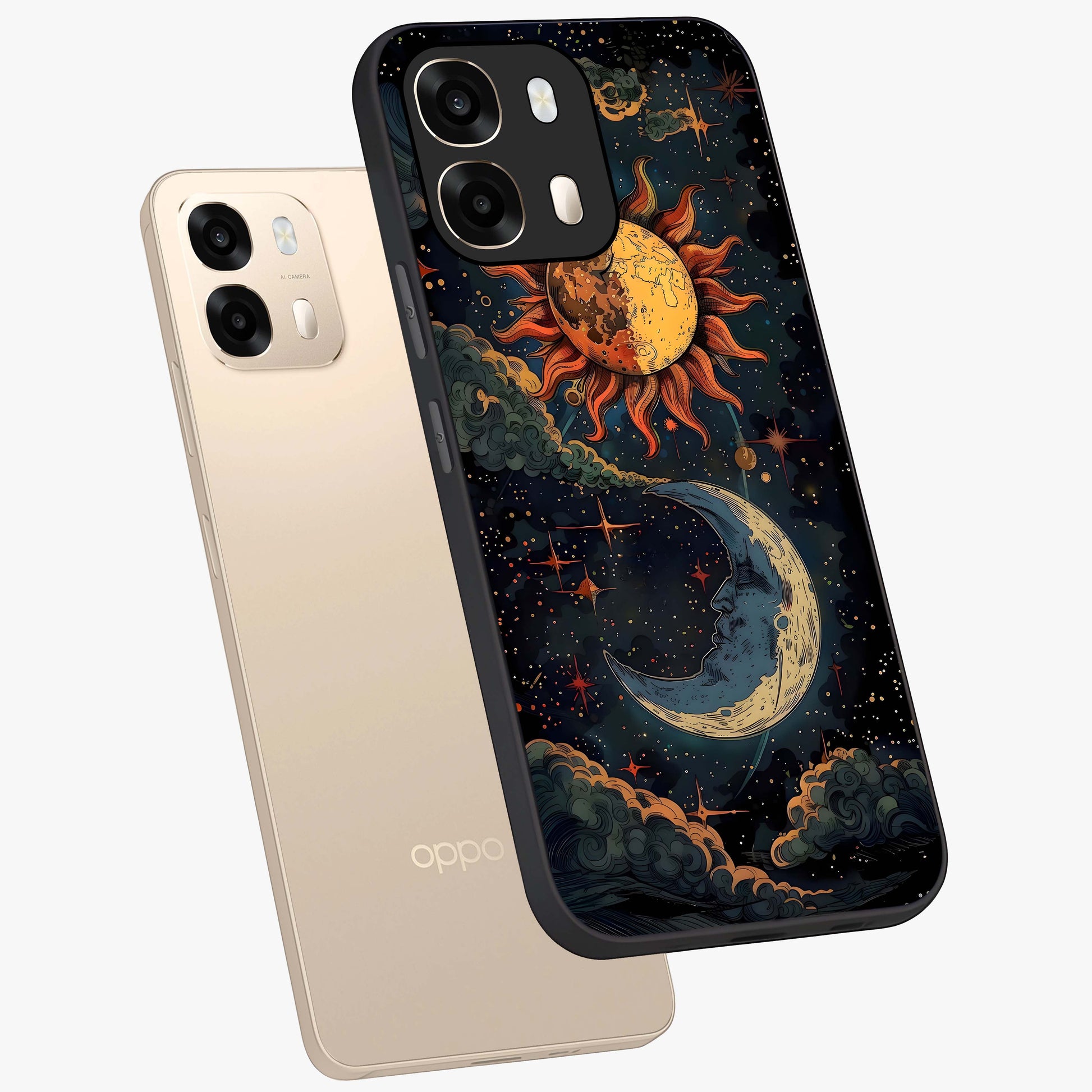 Sun And Moon Magic Design Glass Case displayed in angled mockup highlighting celestial design with magical cosmic aesthetic.