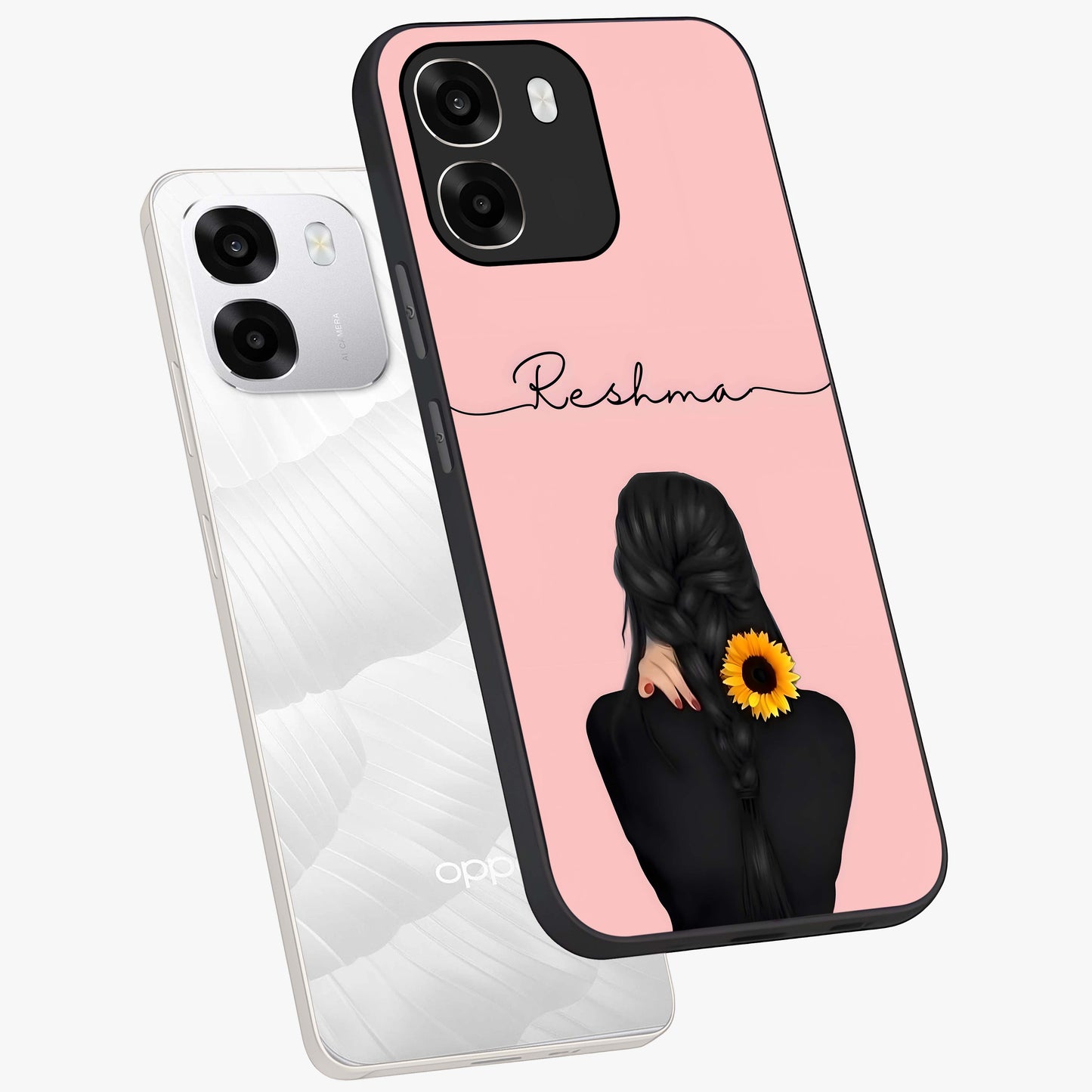 Sunflower Braid Beauty With Custom Name Glass Case displayed in angled mockup highlighting elegant sunflower design with custom name feature.