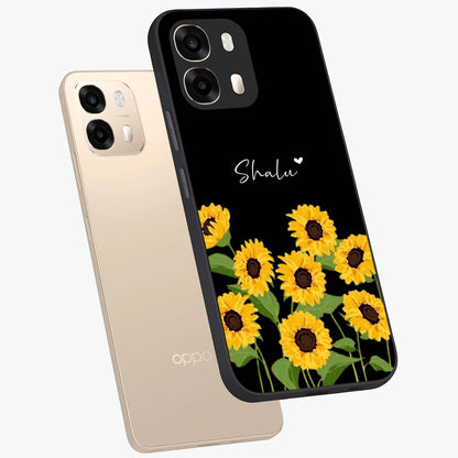 Sunflower Chic Mood Custom Name Glass Case displayed in angled mockup highlighting vibrant sunflower design with custom name feature.