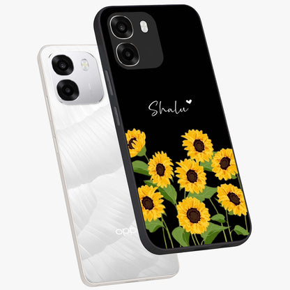Sunflower Chic Mood Custom Name Glass Case displayed in angled mockup highlighting vibrant sunflower design with custom name feature.