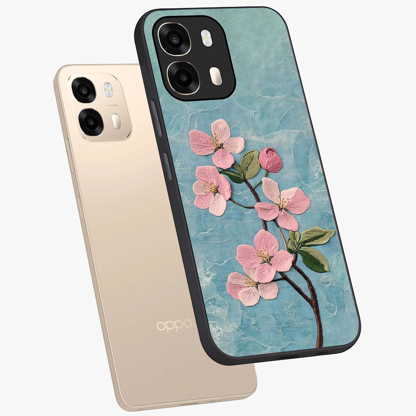 Threaded Blossom Breeze Glass Case displayed in angled mockup highlighting elegant floral design with soft aesthetic style.