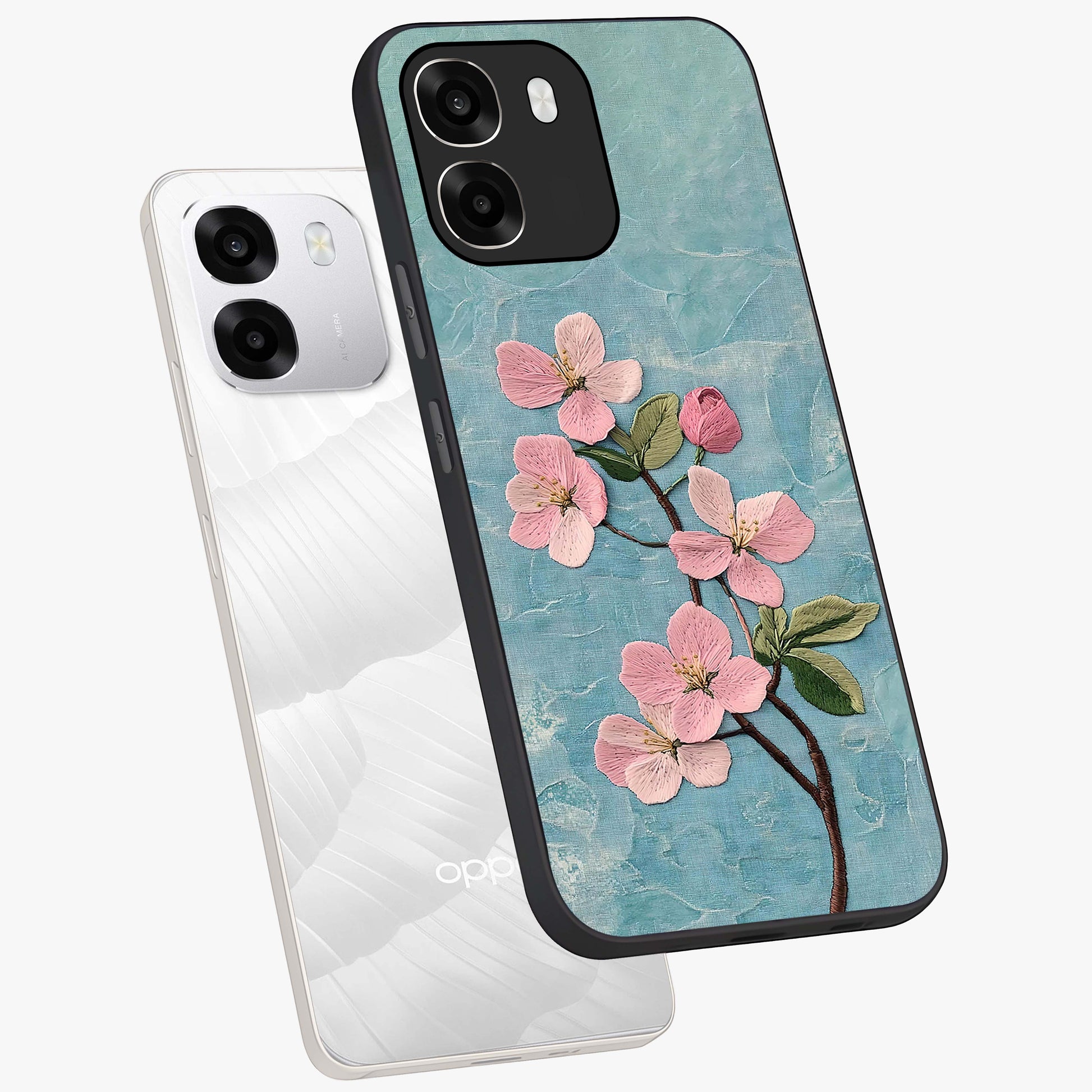 Threaded Blossom Breeze Glass Case displayed in angled mockup highlighting elegant floral design with soft aesthetic style.