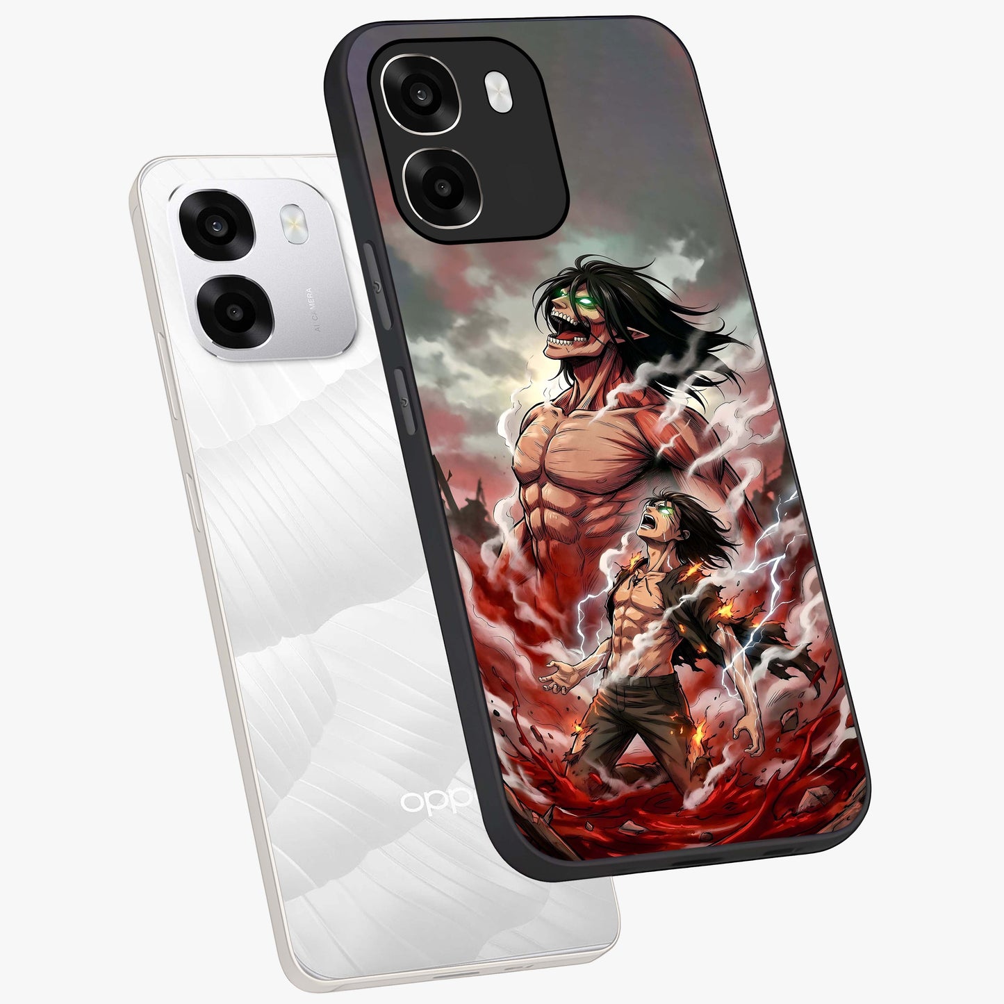 Titan Awakening Fury Glass Case displayed in angled mockup highlighting dramatic giant warrior design with bold anime aesthetic.