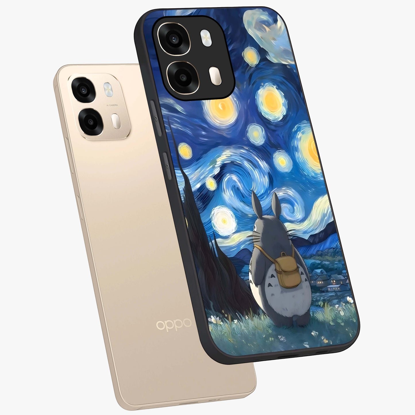 Totoro In Van Gogh Art Glass Case displayed in angled mockup highlighting artistic swirling sky design with playful animation aesthetic.