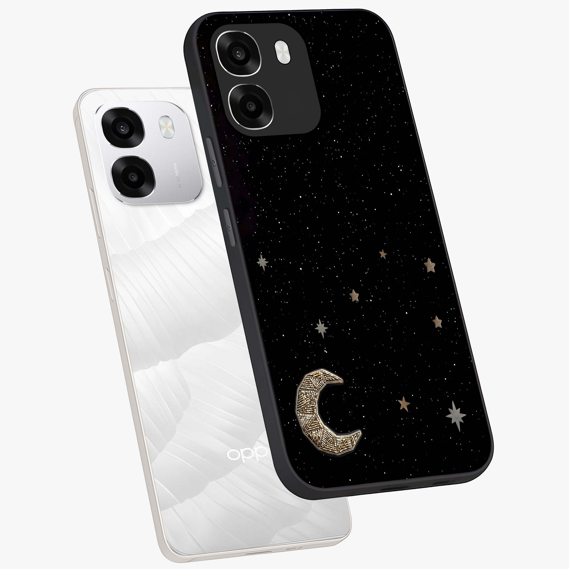 Twinkle Star With Half Moon Glass Case displayed in angled mockup highlighting celestial moon and star design with magical aesthetic.