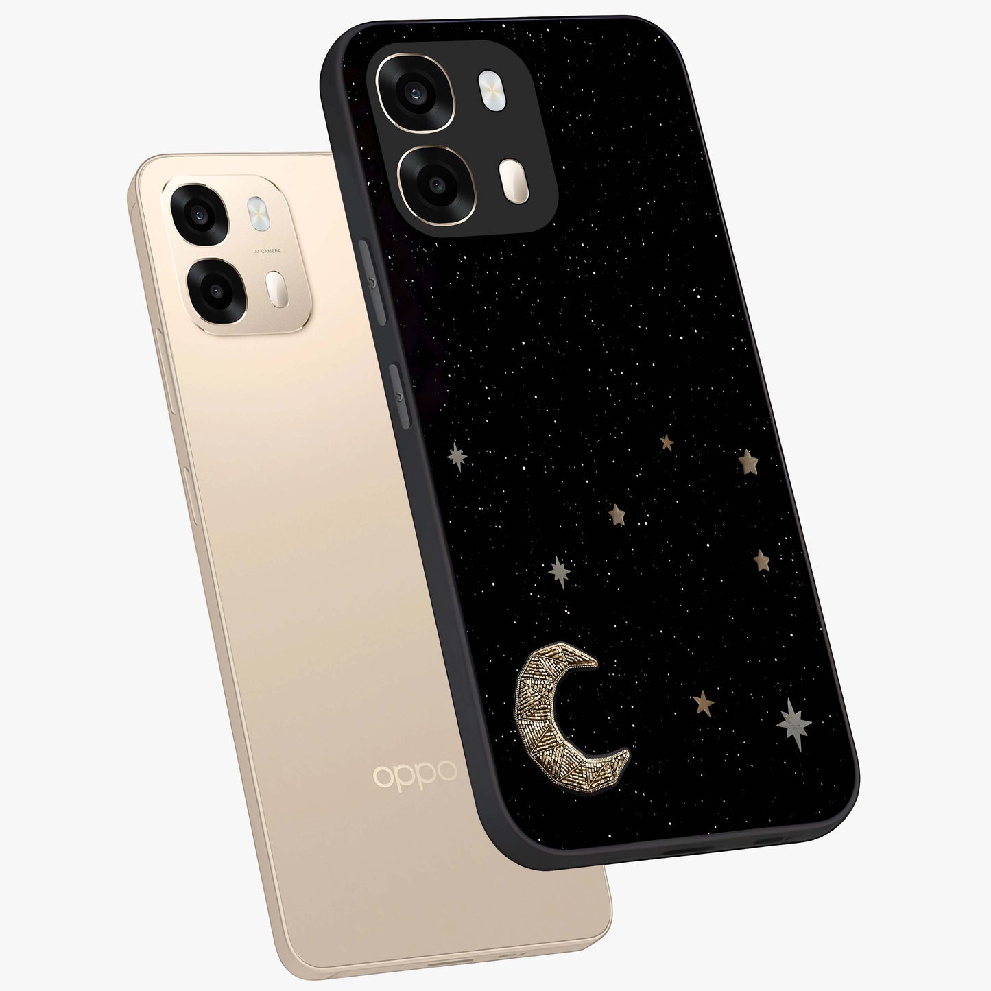 Twinkle Star With Half Moon Glass Case displayed in angled mockup highlighting celestial moon and star design with magical aesthetic.