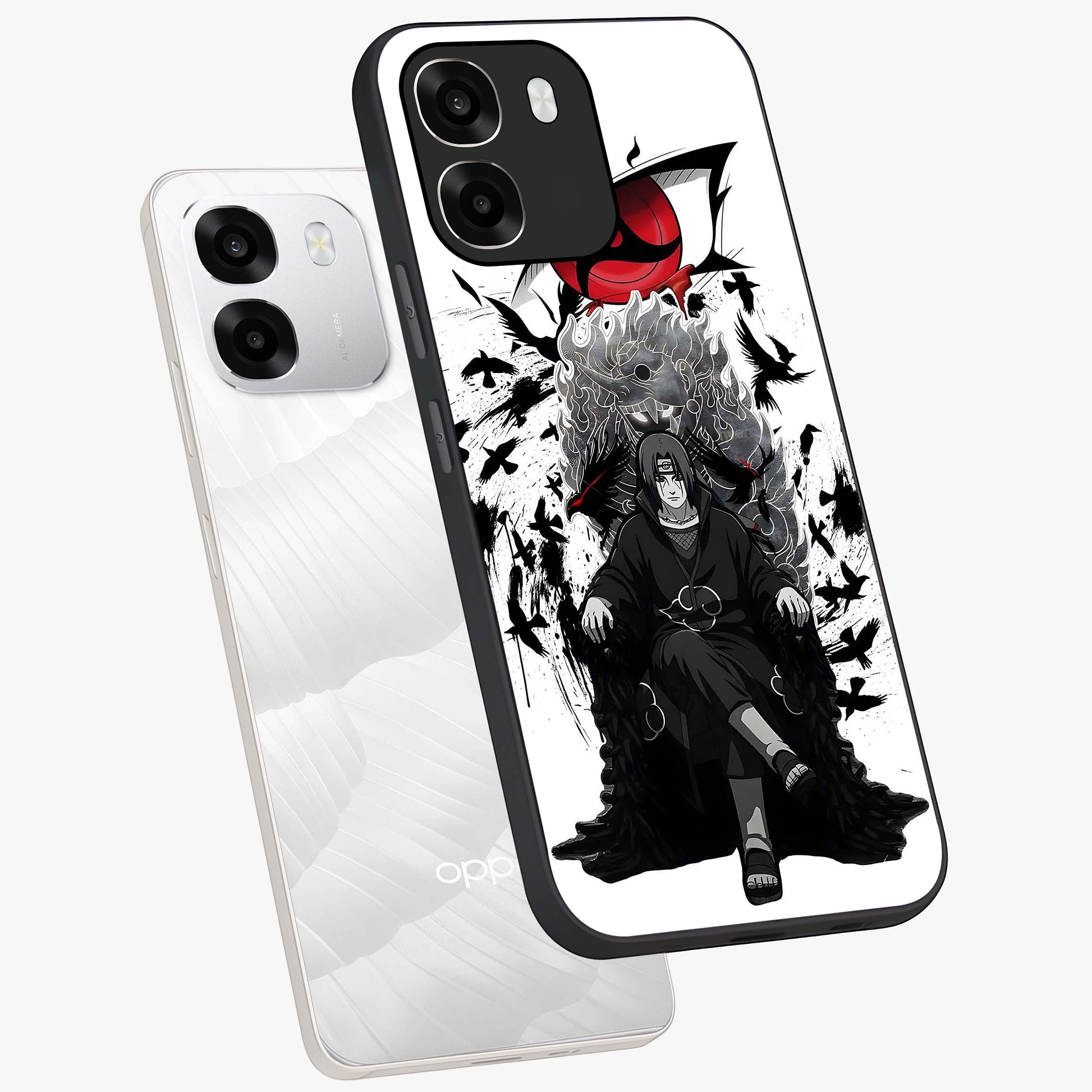 Uchiha Shadow Throne Glass Case displayed in angled mockup highlighting glowing aquatic design with celestial aesthetic.