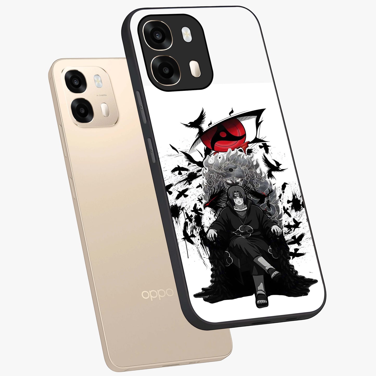 Uchiha Shadow Throne Glass Case displayed in angled mockup highlighting glowing aquatic design with celestial aesthetic.