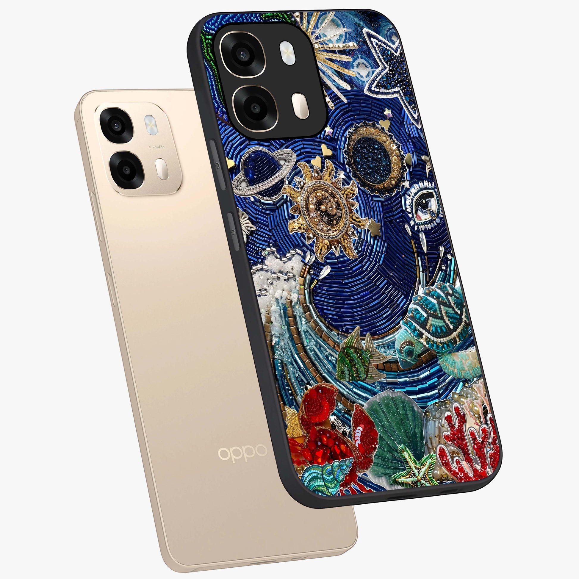 Universe Underwater Spark Glass Case displayed in angled mockup highlighting glowing aquatic design with celestial aesthetic.