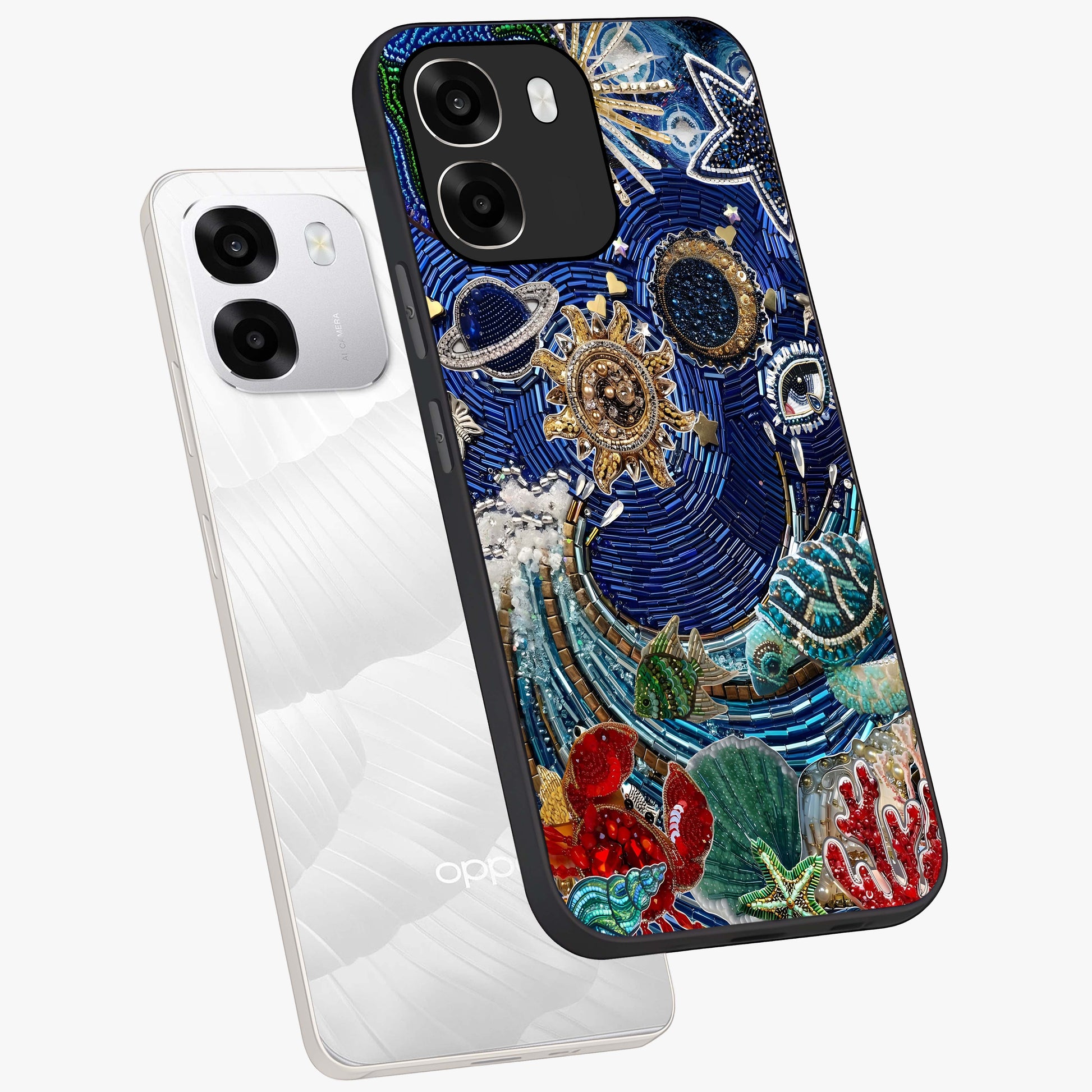 Universe Underwater Spark Glass Case displayed in angled mockup highlighting glowing aquatic design with celestial aesthetic.