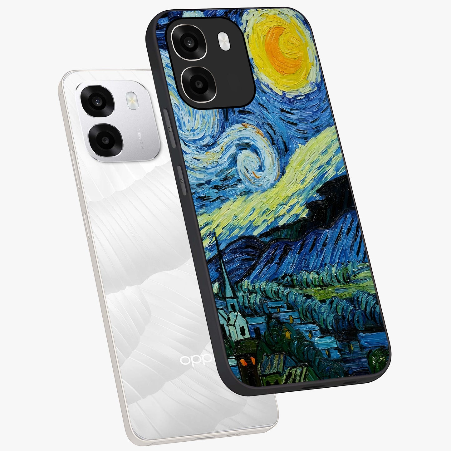 Van Gogh Art Glass Case displayed in angled mockup highlighting swirling brushstroke design with artistic aesthetic.