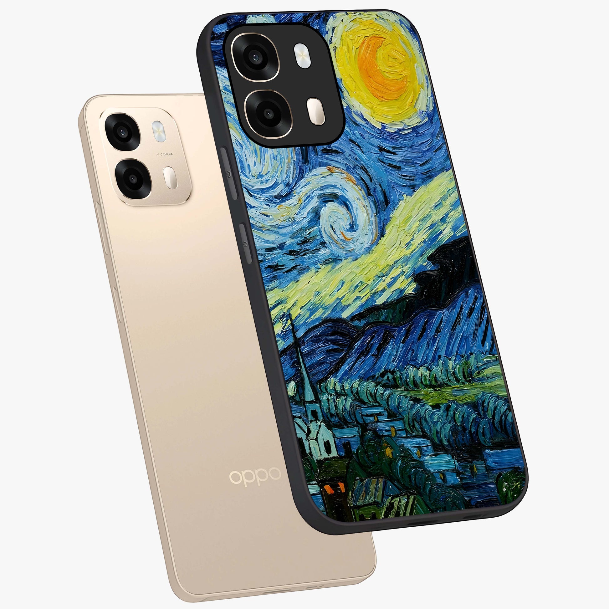 Van Gogh Art Glass Case displayed in angled mockup highlighting swirling brushstroke design with artistic aesthetic.