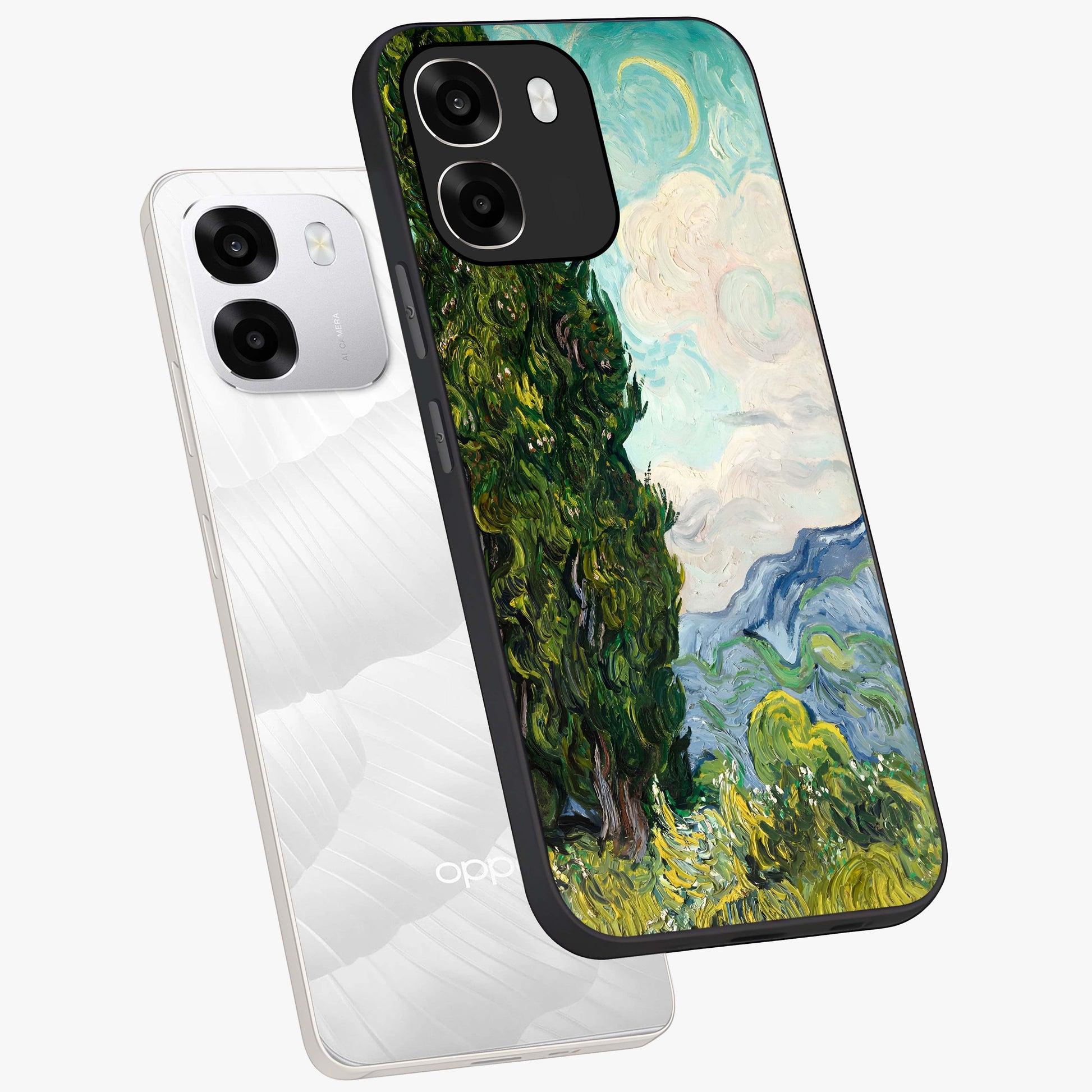 Van Gogh Vintage Art Glass Case displayed in angled mockup highlighting textured brushstroke design with classic aesthetic.