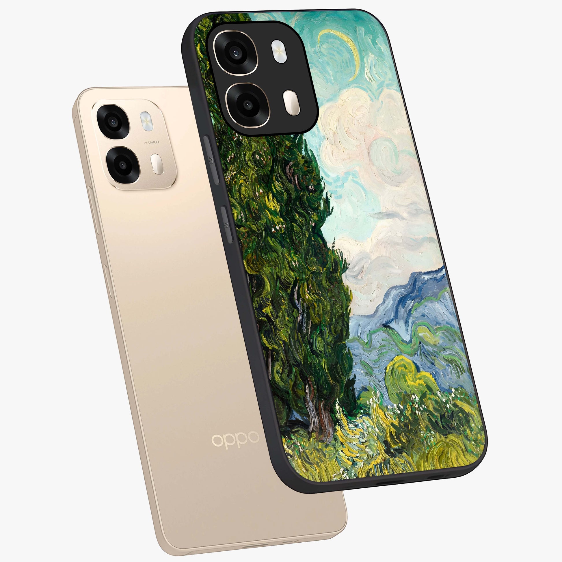 Van Gogh Vintage Art Glass Case displayed in angled mockup highlighting textured brushstroke design with classic aesthetic.