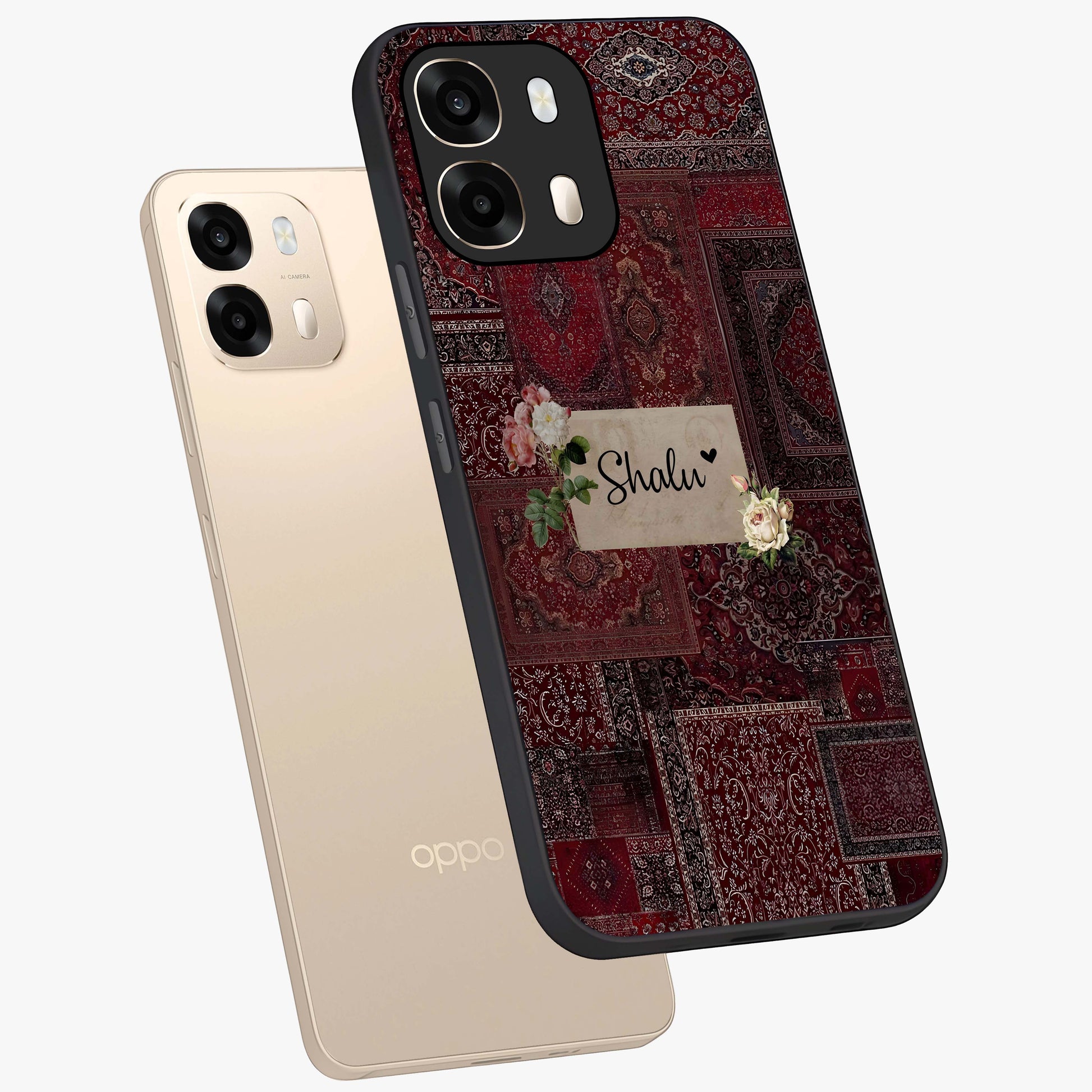 Velvet Wine Pattern Custom Name Glass Case displayed in angled mockup highlighting decorative velvet inspired design with custom name feature.