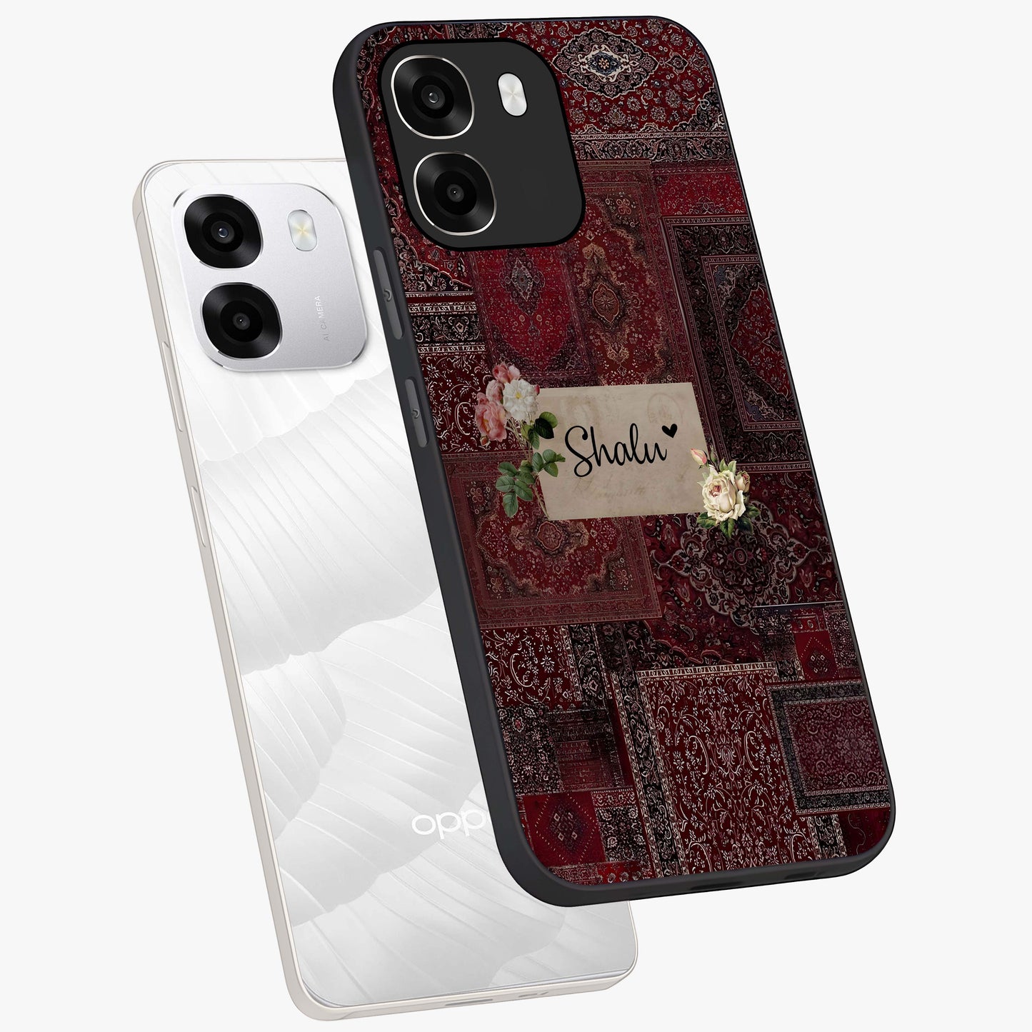 Velvet Wine Pattern Custom Name Glass Case displayed in angled mockup highlighting decorative velvet inspired design with custom name feature.