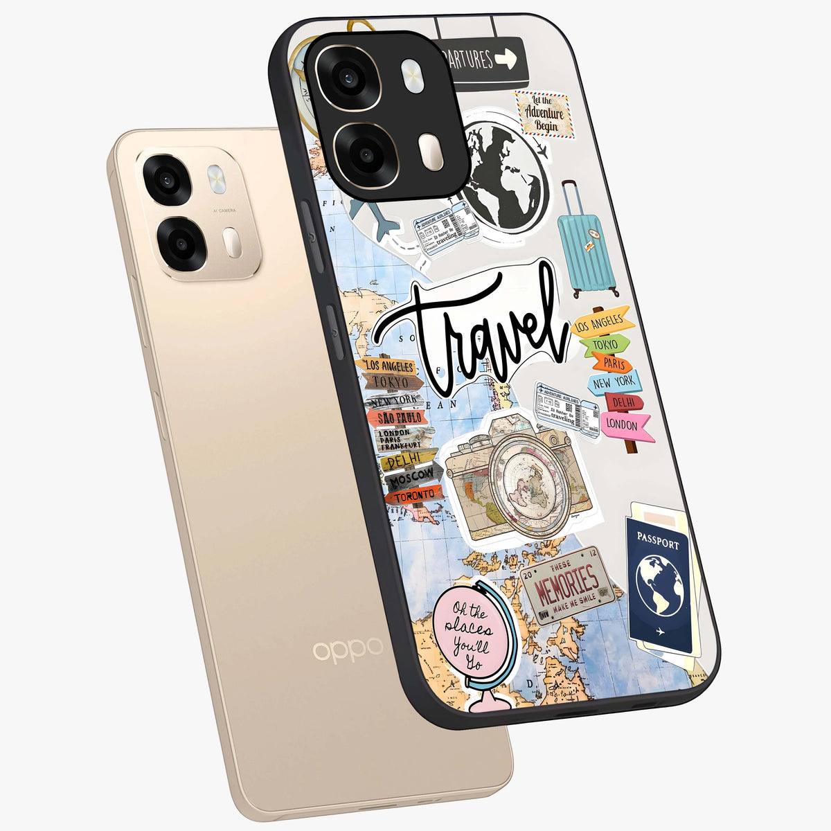 Wanderlust Journal Glass Case displayed in angled mockup highlighting adventure themed design with aesthetic travel vibe.