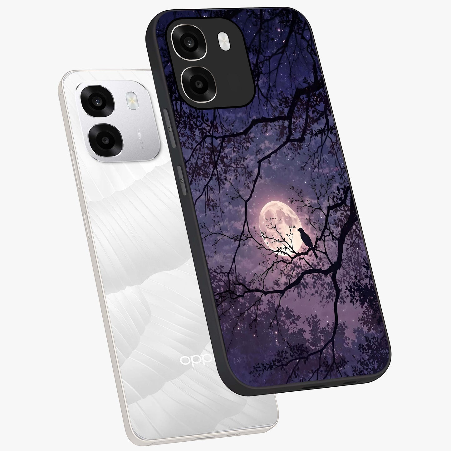 Whispering Moon Silence Glass Case displayed in angled mockup highlighting calm lunar design with dreamy night aesthetic.