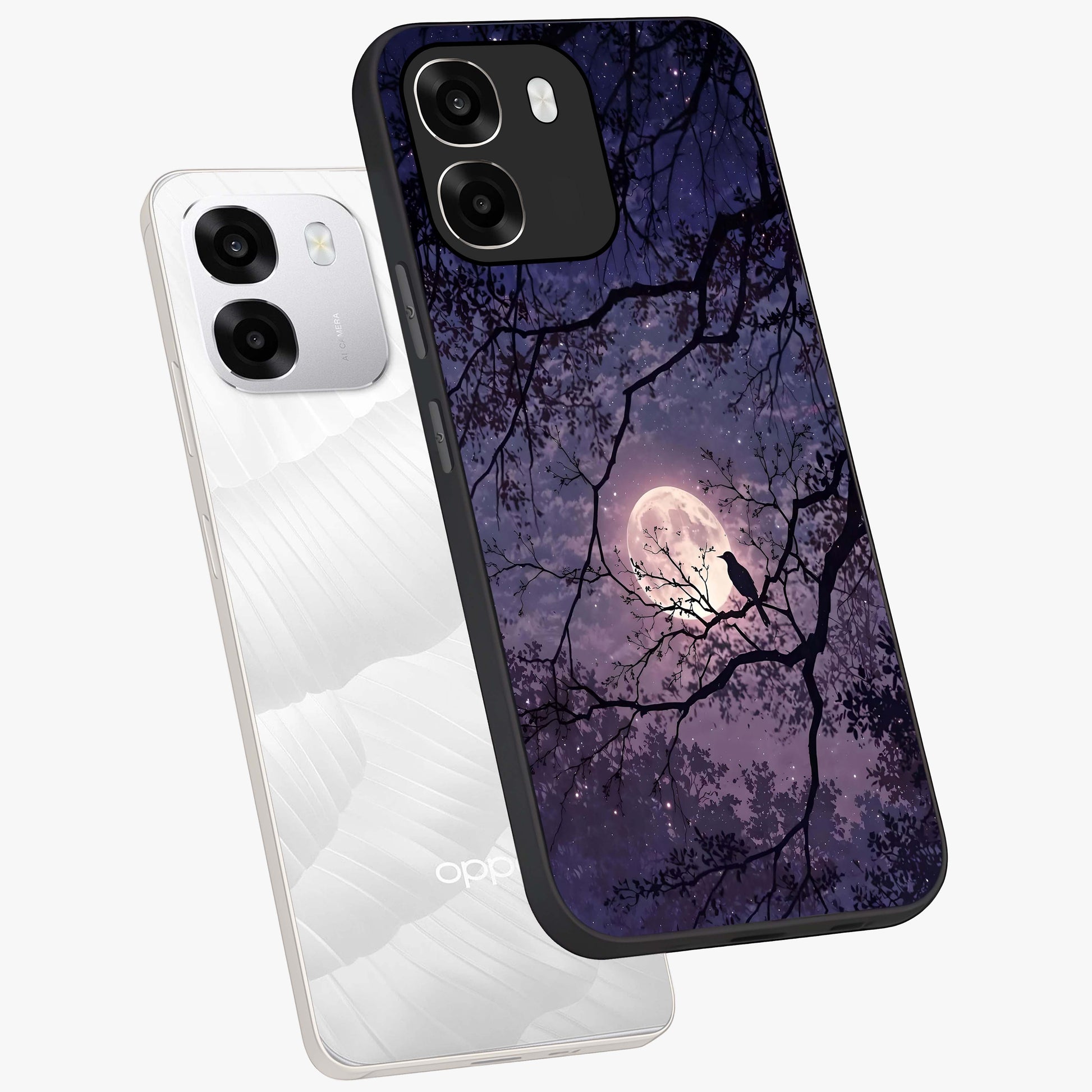 Whispering Moon Silence Glass Case displayed in angled mockup highlighting calm lunar design with dreamy night aesthetic.