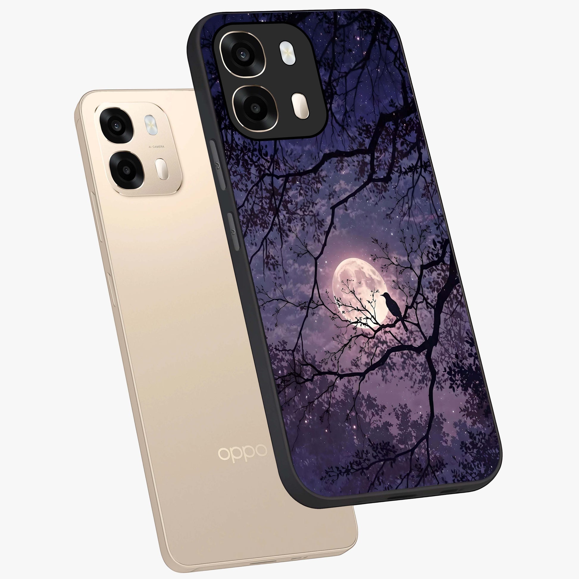 Whispering Moon Silence Glass Case displayed in angled mockup highlighting calm lunar design with dreamy night aesthetic.