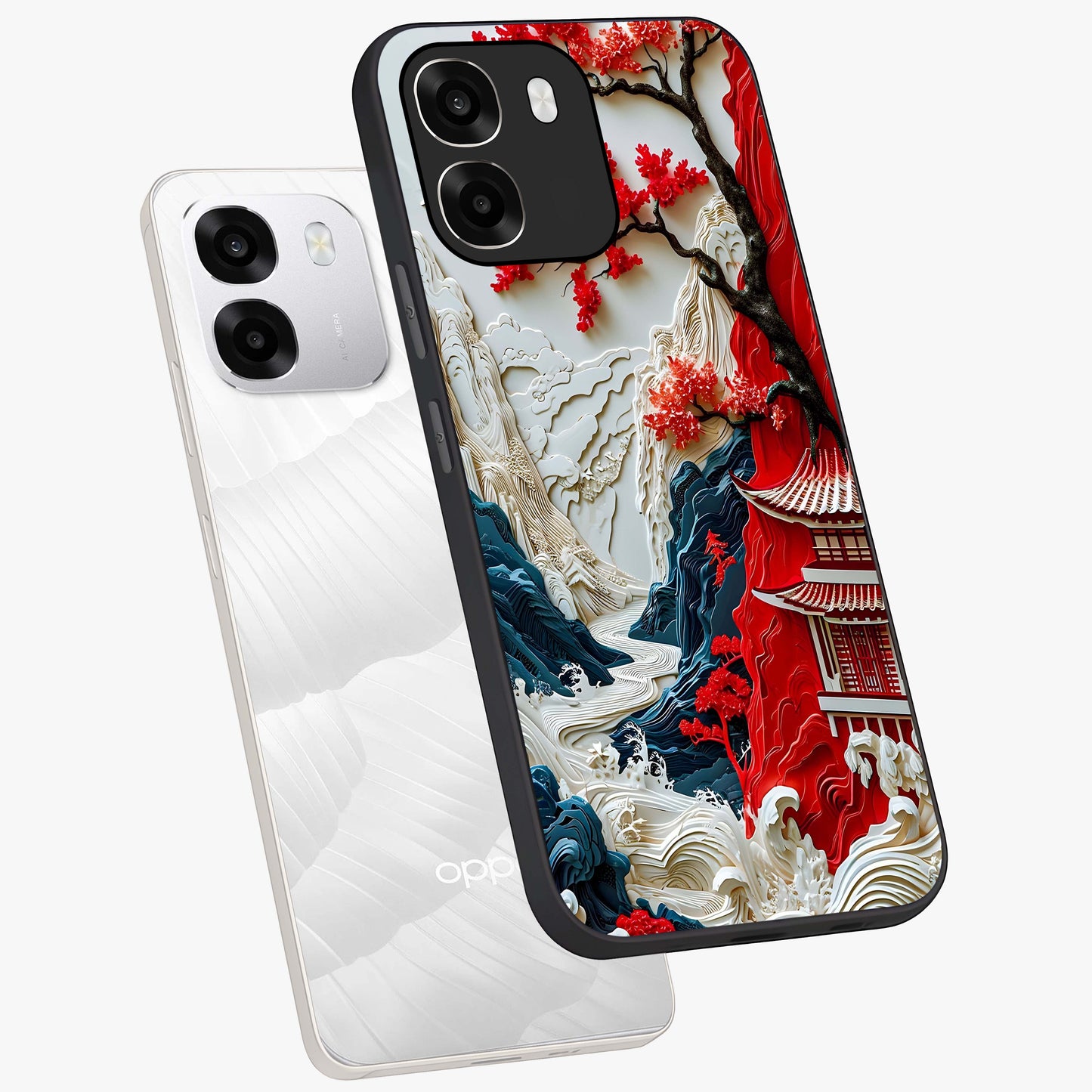 Whispers Of Sakura Waves Glass Case displayed in angled mockup highlighting flowing sakura design with soft floral aesthetic.