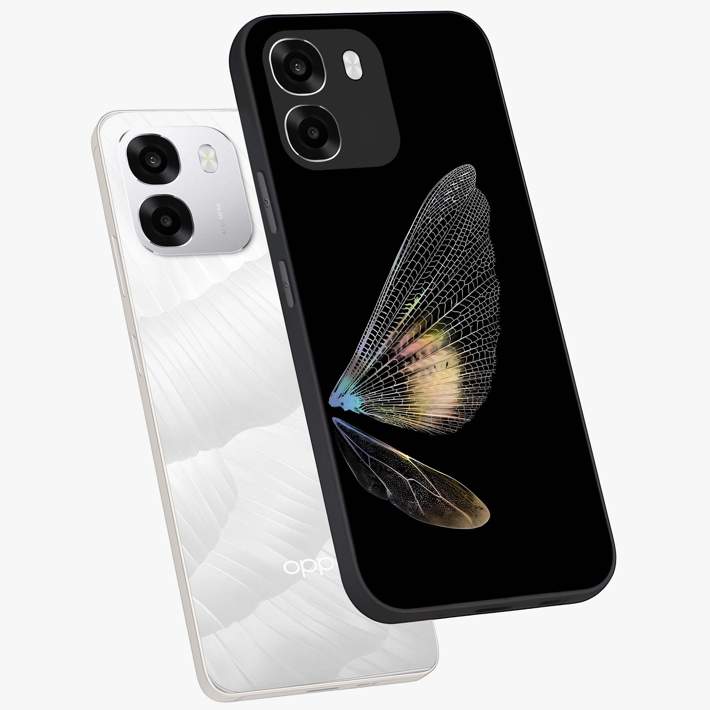 Whispers Of Wings Glass Case displayed in angled mockup highlighting soft feather design with celestial aesthetic style.