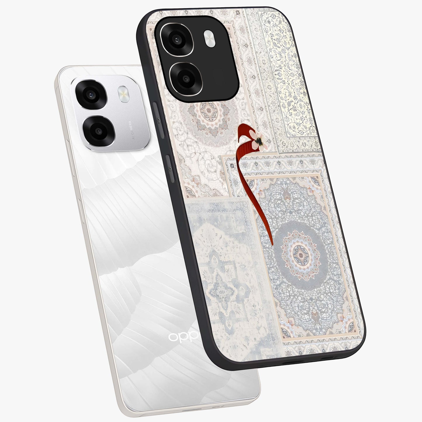 White Aesthetic Bow Glass Case displayed in angled mockup highlighting clean bow design with soft aesthetic style.