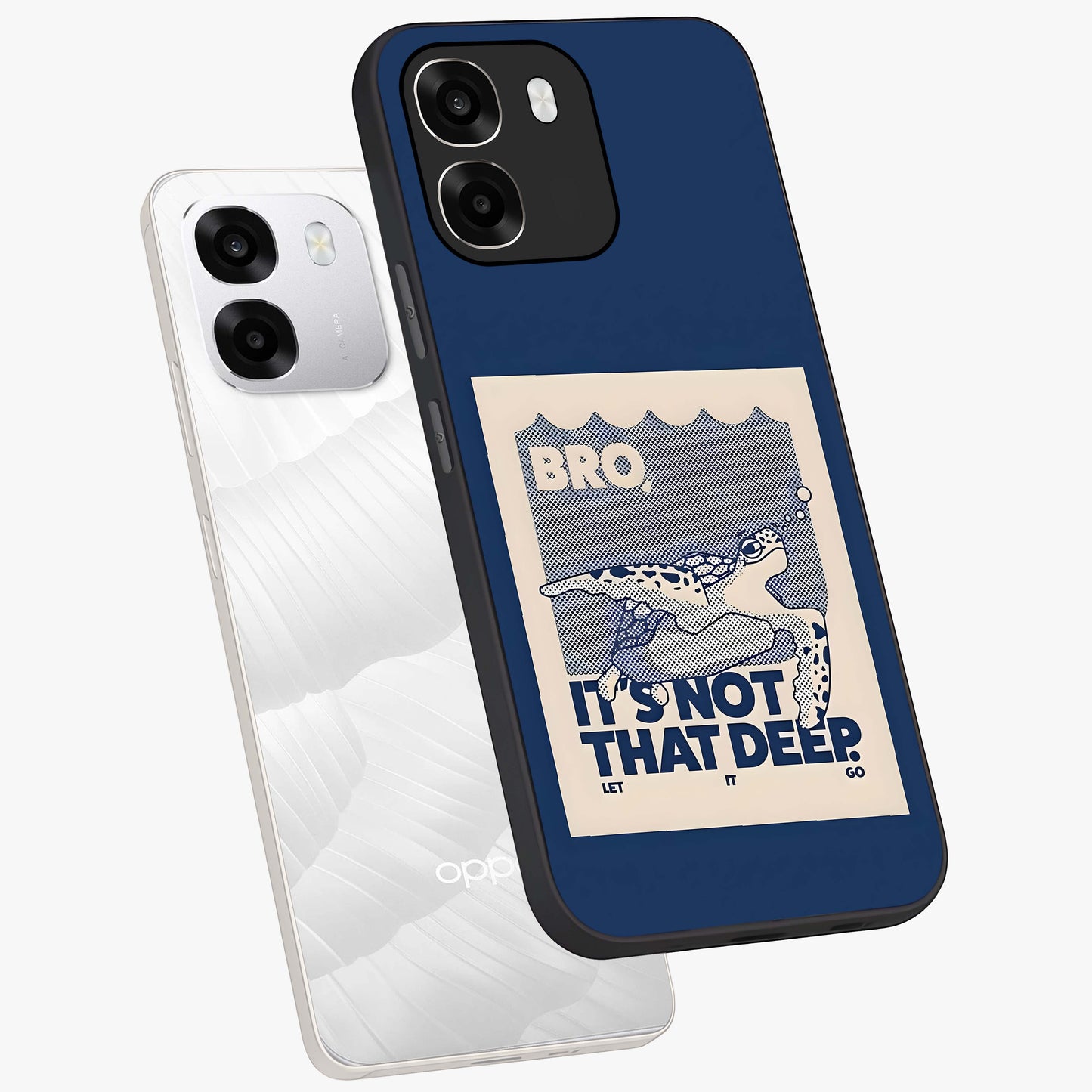 Worry Less Swim Glass Case displayed in angled mockup highlighting fun typography design with relaxed aesthetic style.