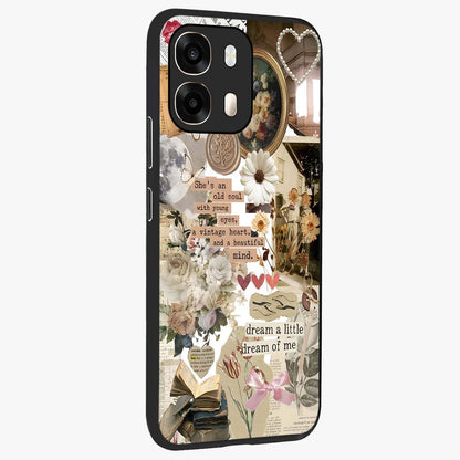 Aesthetic Brown Vintage Collage Glass Case upright view showcasing nostalgic retro artwork with stylish vintage theme.