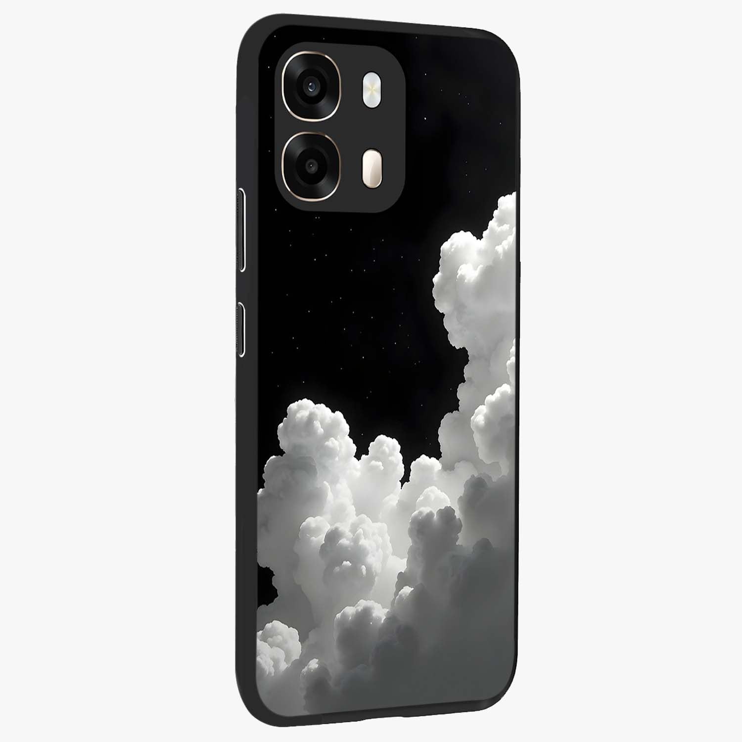 Black Background With White Cloud Glass Case upright view showcasing calm cloud aesthetic with modern minimal style.