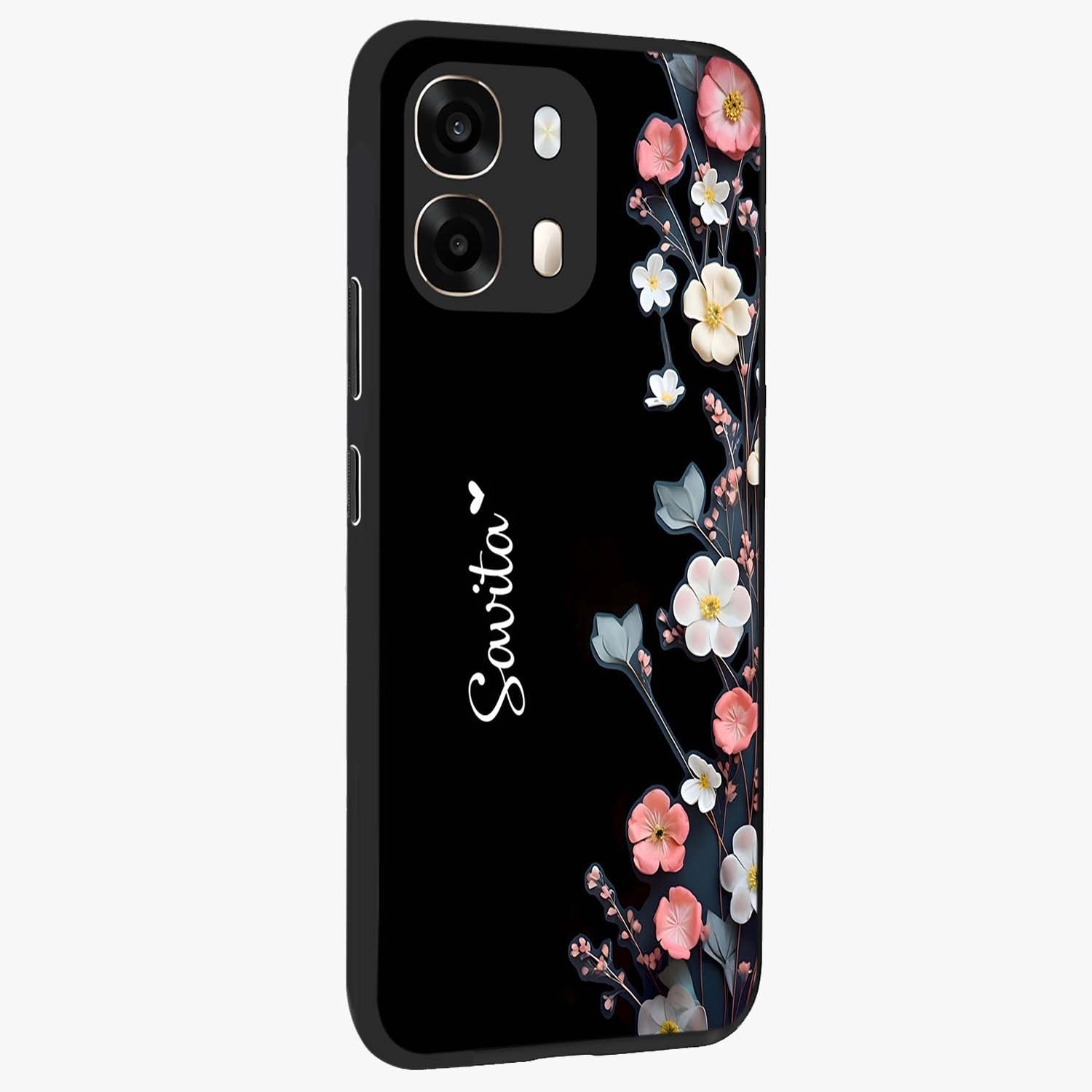 Black Elegance Floral Custom Name Glass Case upright view showcasing luxurious black floral design with personalized name detail.