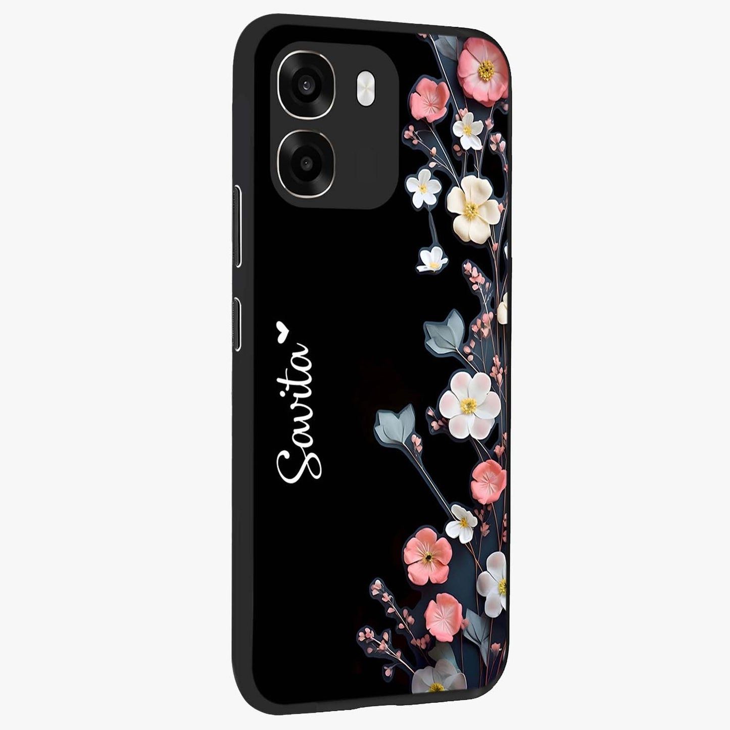 Black Elegance Floral Custom Name Glass Case upright view showcasing luxurious black floral design with personalized name detail.