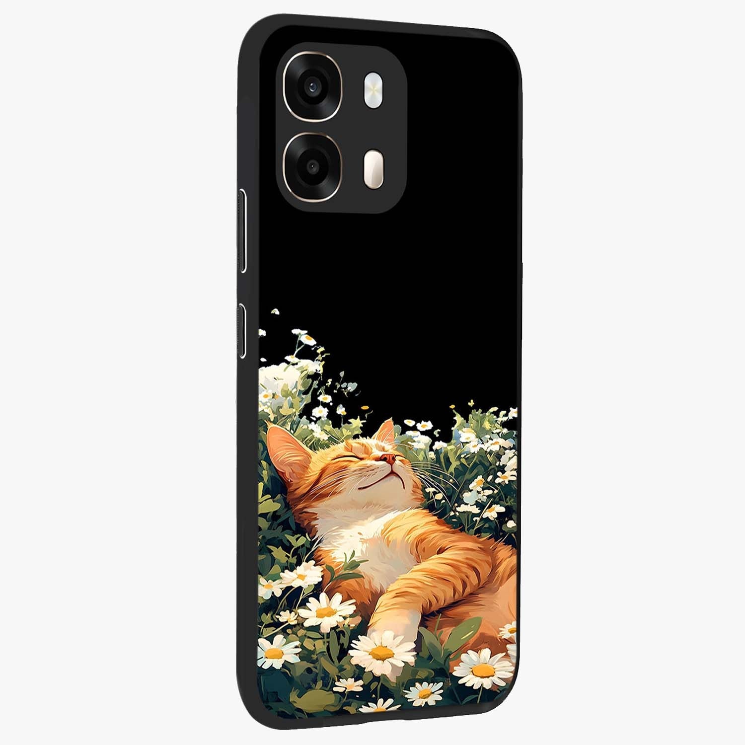 Blissful Bloom Cat Glass Case upright view showcasing charming cat design surrounded by blooming floral elements.