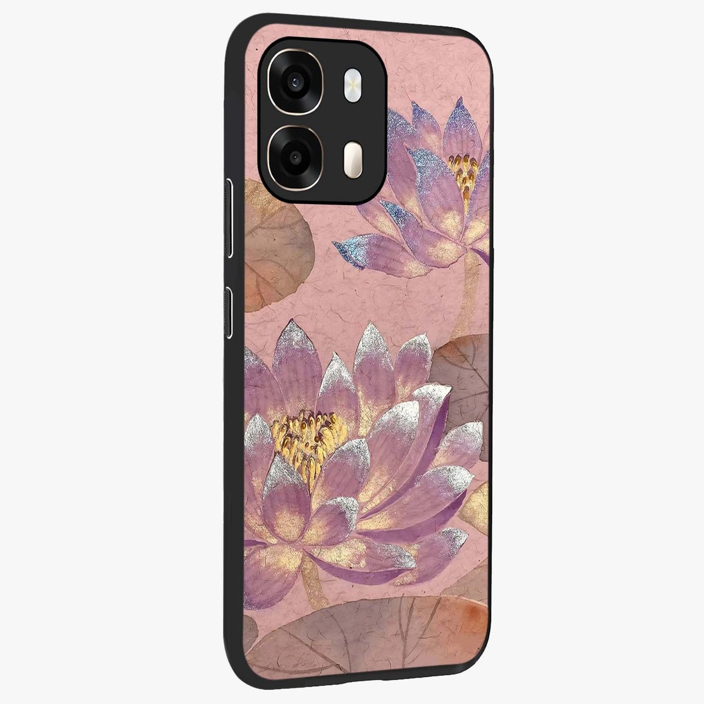 Blossom Mist Lotus Glass Case upright view showcasing graceful lotus flower design with peaceful botanical style.