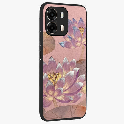 Blossom Mist Lotus Glass Case upright view showcasing graceful lotus flower design with peaceful botanical style.