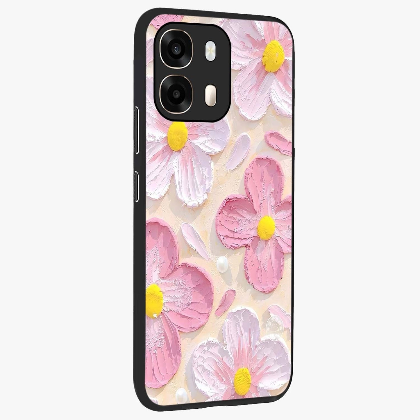 Blush Bloom Texture Glass Case upright view showcasing delicate blush floral texture with modern minimal style.
