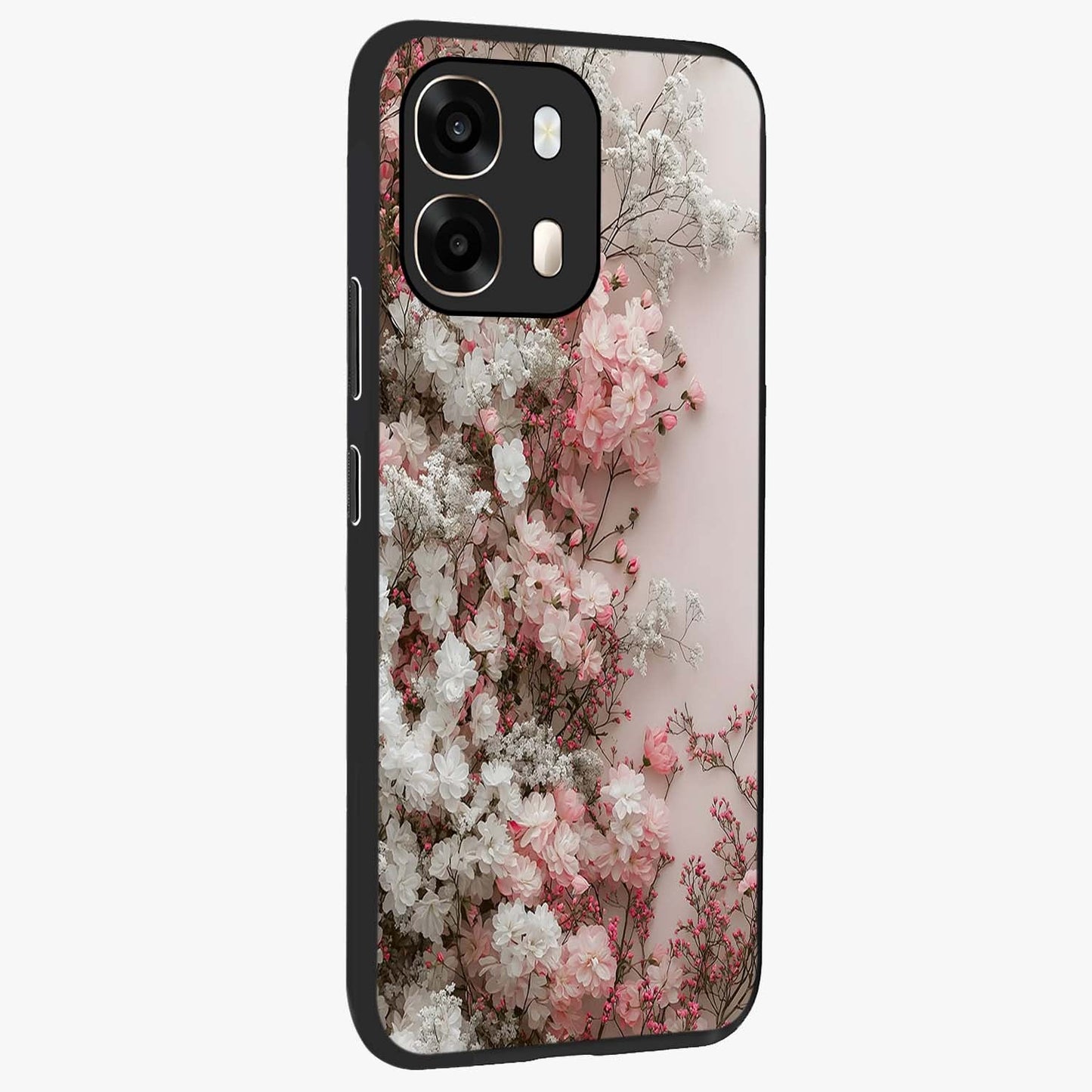 Blush Blossom Cloud Glass Case upright view showcasing calm floral cloud artwork with gentle dreamy theme.