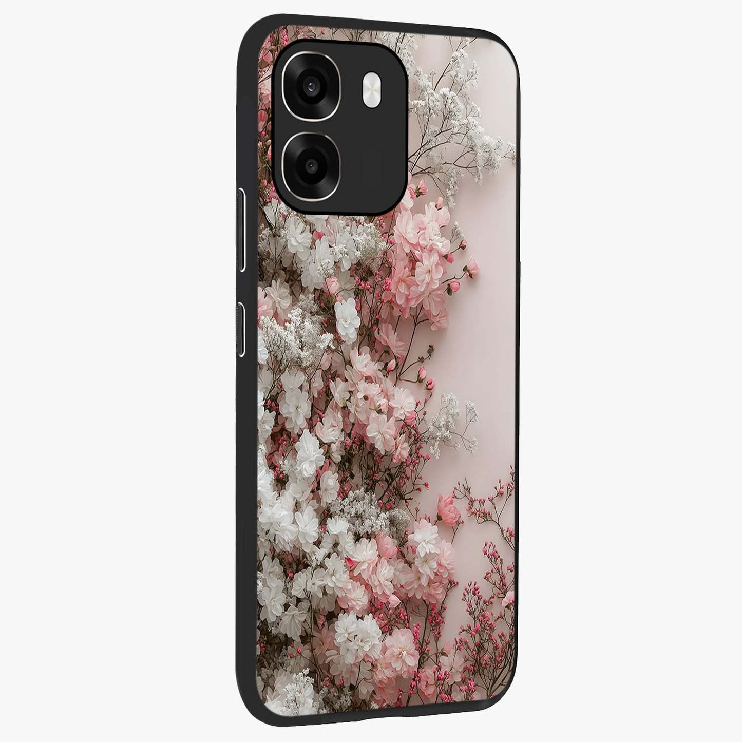 Blush Blossom Cloud Glass Case upright view showcasing calm floral cloud artwork with gentle dreamy theme.