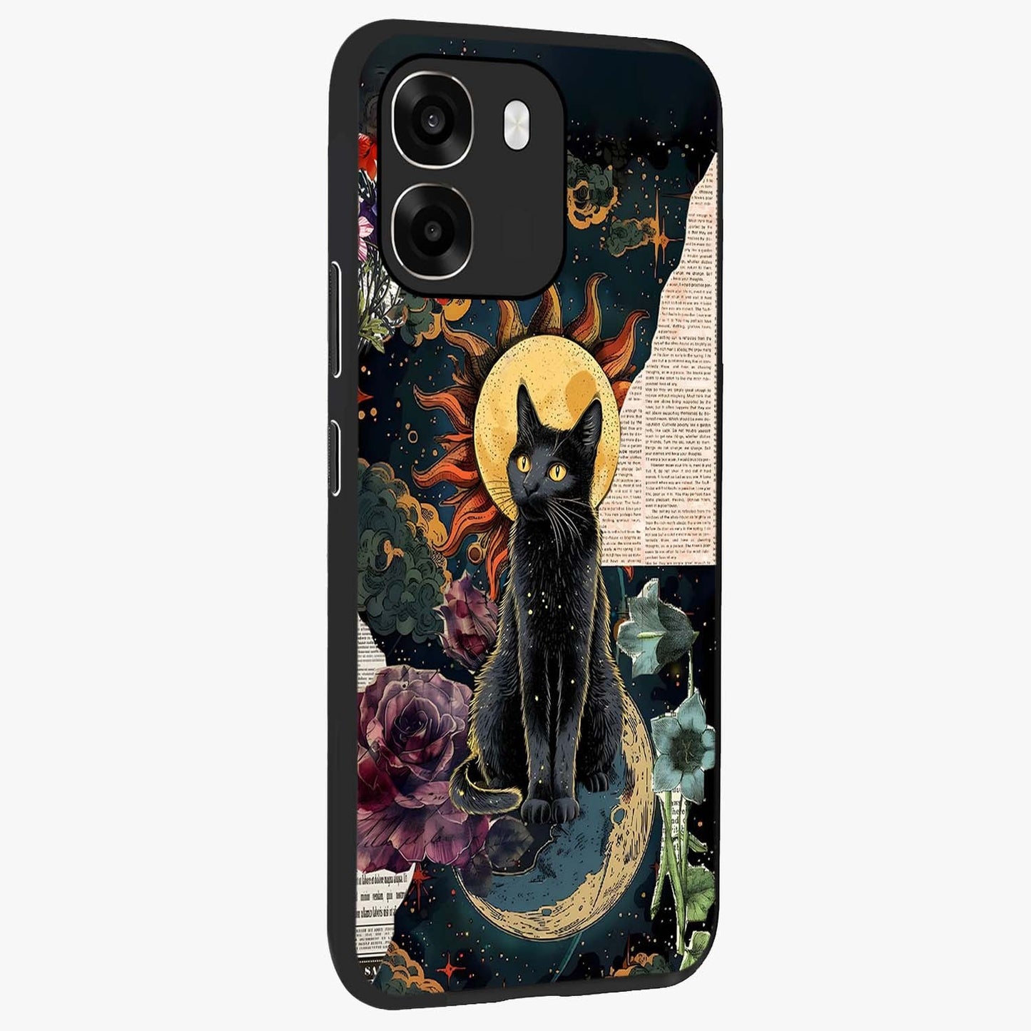 Celestial Black Cat Glass Case upright view showcasing magical black cat illustration with starry cosmic theme.